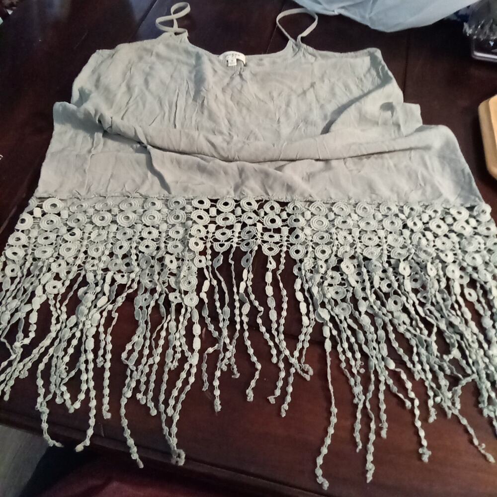 Umgee Fringe Hem Cami Tank Top Women's Size M Sage Green Macrame Lace Tassel...